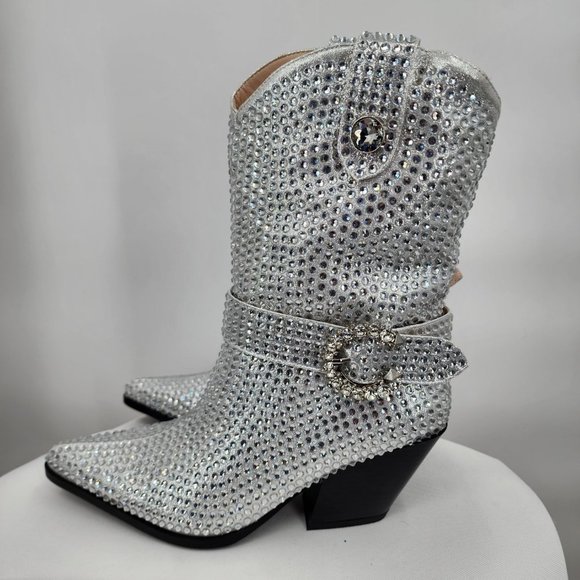 AZALEA WANG Federica Silver Crystal Shortie Western Cowgirl Boots 6-10 NWT - Picture 6 of 10